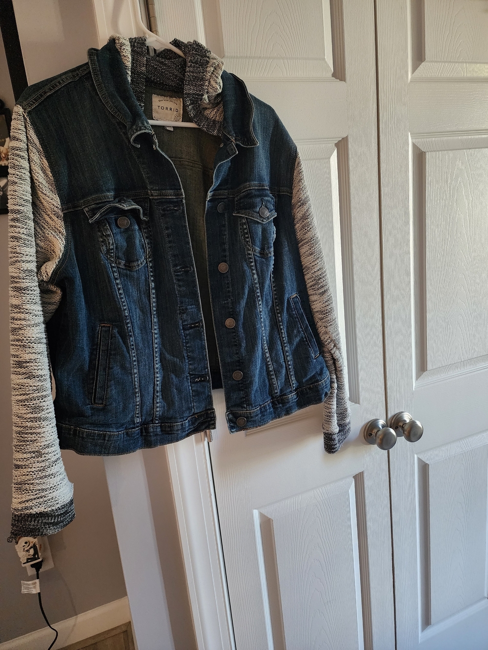 Torrid Mixed-Media Denim Jacket - Blue with Knit Sleeves